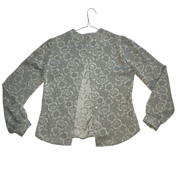 Vintage 80s Blouse Womens S Gray Floral Satin Grannycore Dainty Retro USA Made - Picture 2 of 8